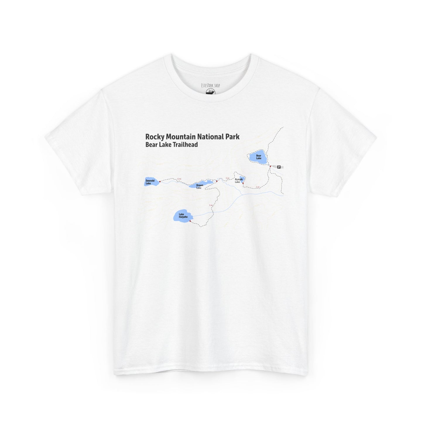 White t-shirt with a map design and text on a white background