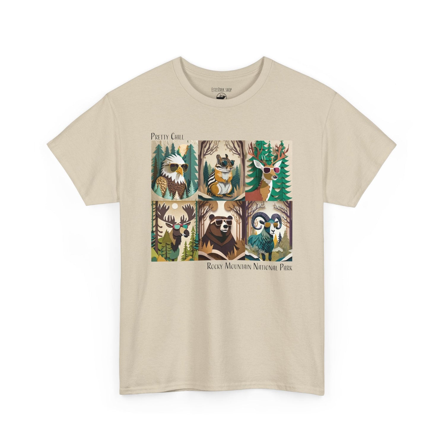 Sand  colored crew neck T-shirt with Layered paper 6 animals wearing sunglasses