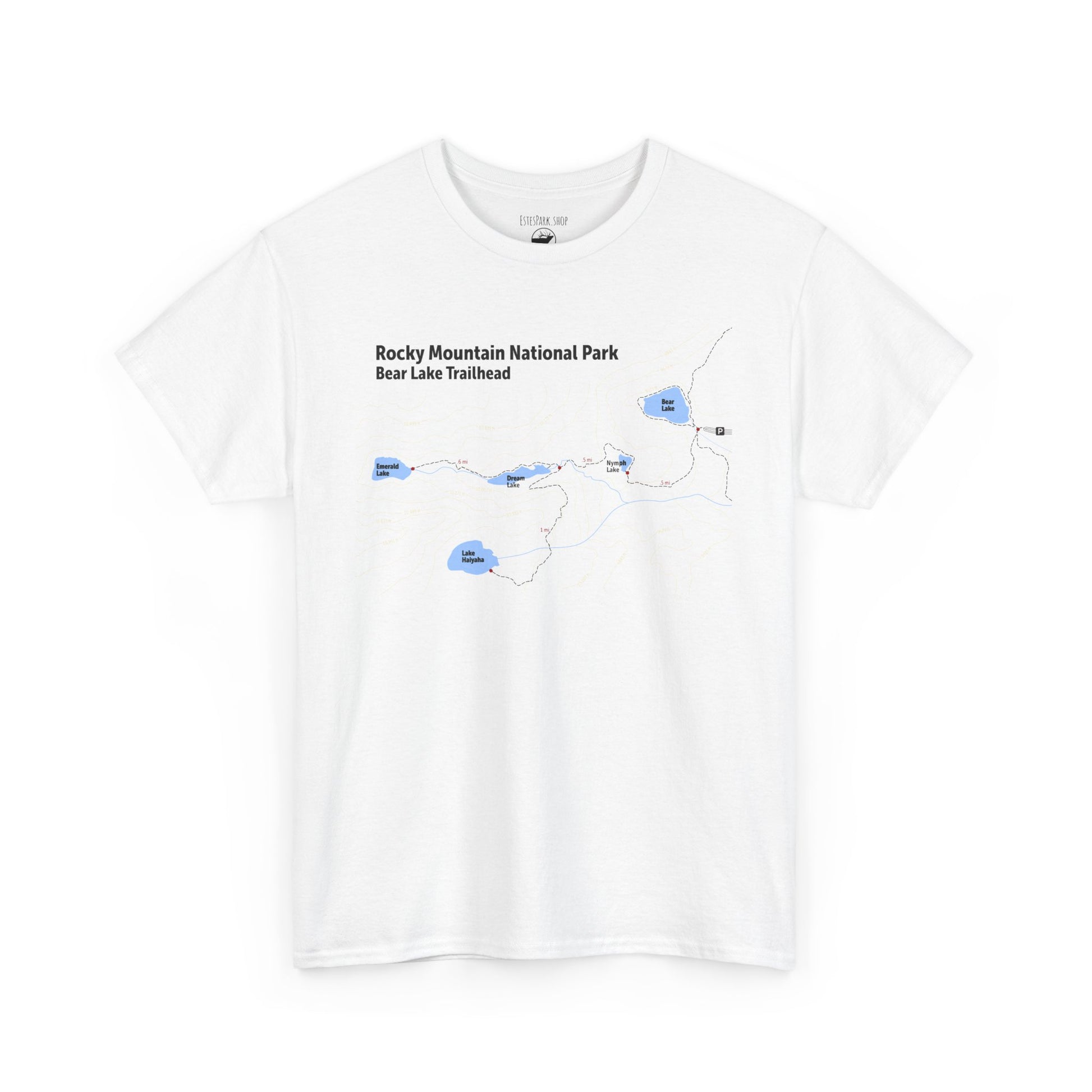 White t-shirt with a map design and text on a white background