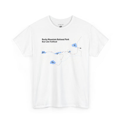 White t-shirt with a map design and text on a white background