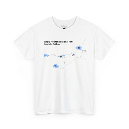 White t-shirt with a map design and text on a white background